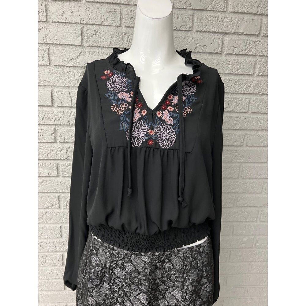 Blue Rain Women Black Floral Embroidered Long Sleeve Chiffon Blouse Size L